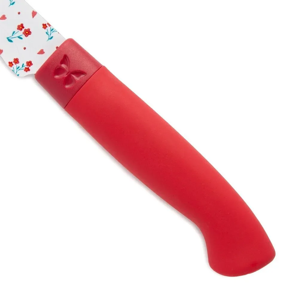 Pioneer Woman Blooming Bouquet Stainless Steel Knife 3Pc Set W Sheath Floral Red